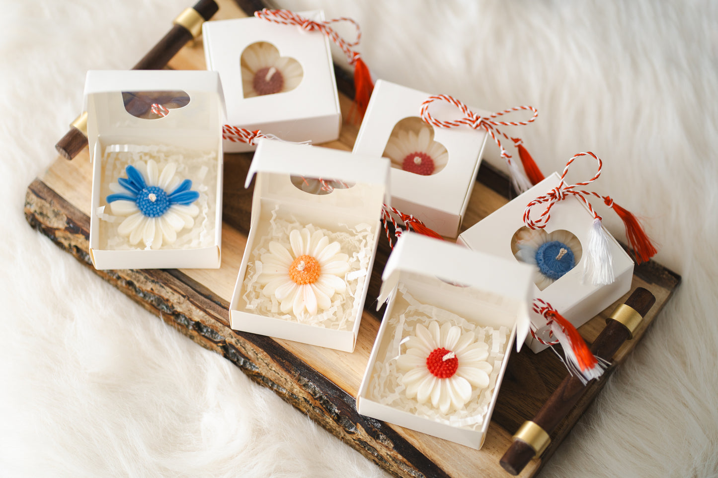 Mărțișor lumânare parfumată din ceară de soia – formă de margaretă, în cutie albă cu șnur alb-roșu și buburuză