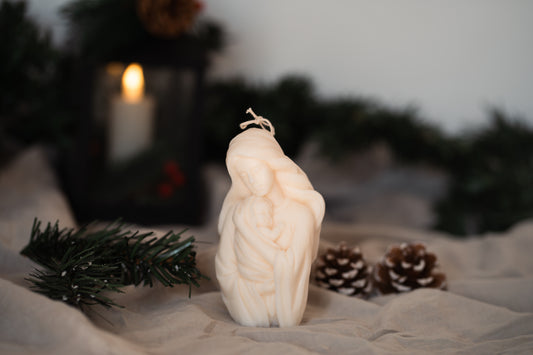 Lumânare parfumată din ceară naturală de soia – tematică de Crăciun, Maica Domnului cu Pruncul