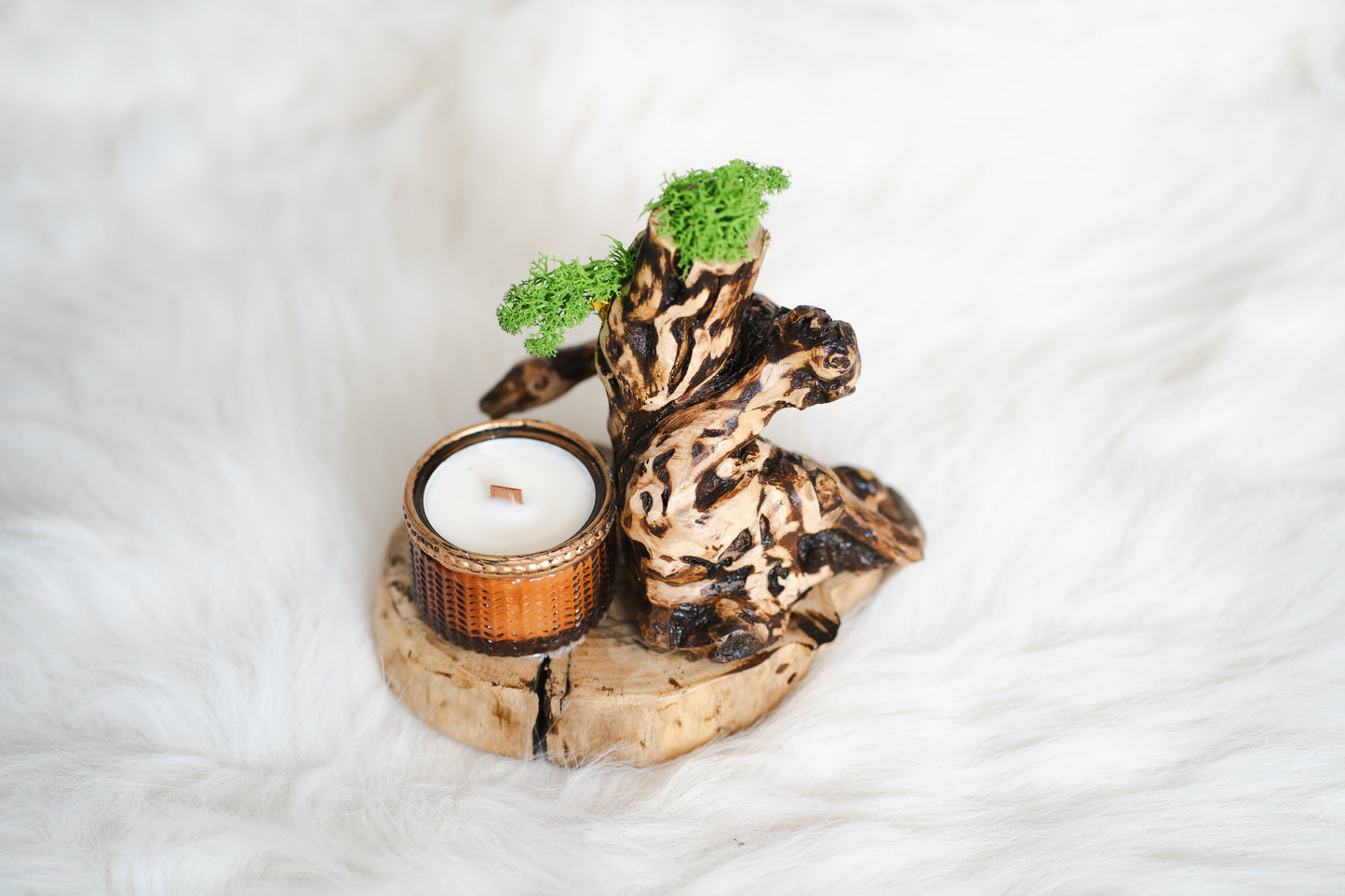 Set cadou handmade cu rădăcină de viță-de-vie și lumânare parfumată din ceară de soia – decor natural unicat