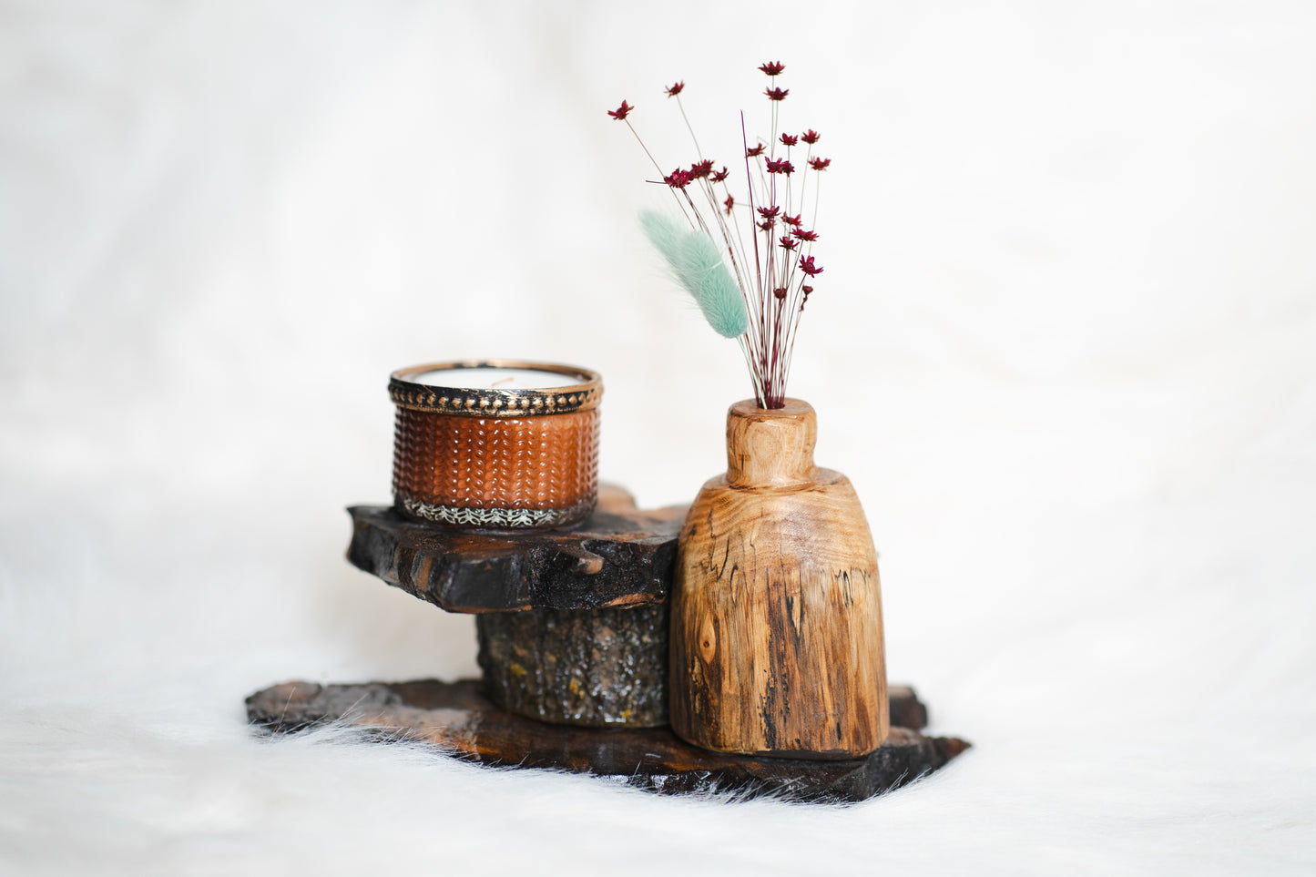 Set cadou handmade - vază din lemn, suport supraetajat și lumânare parfumată din ceară de soia