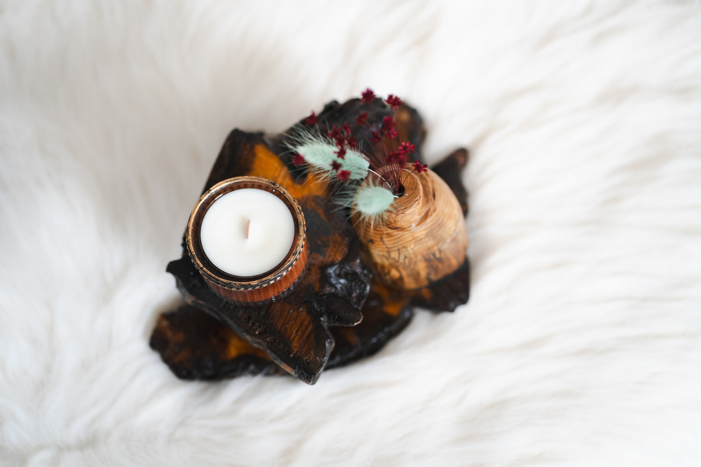 Set cadou handmade - vază din lemn, suport supraetajat și lumânare parfumată din ceară de soia