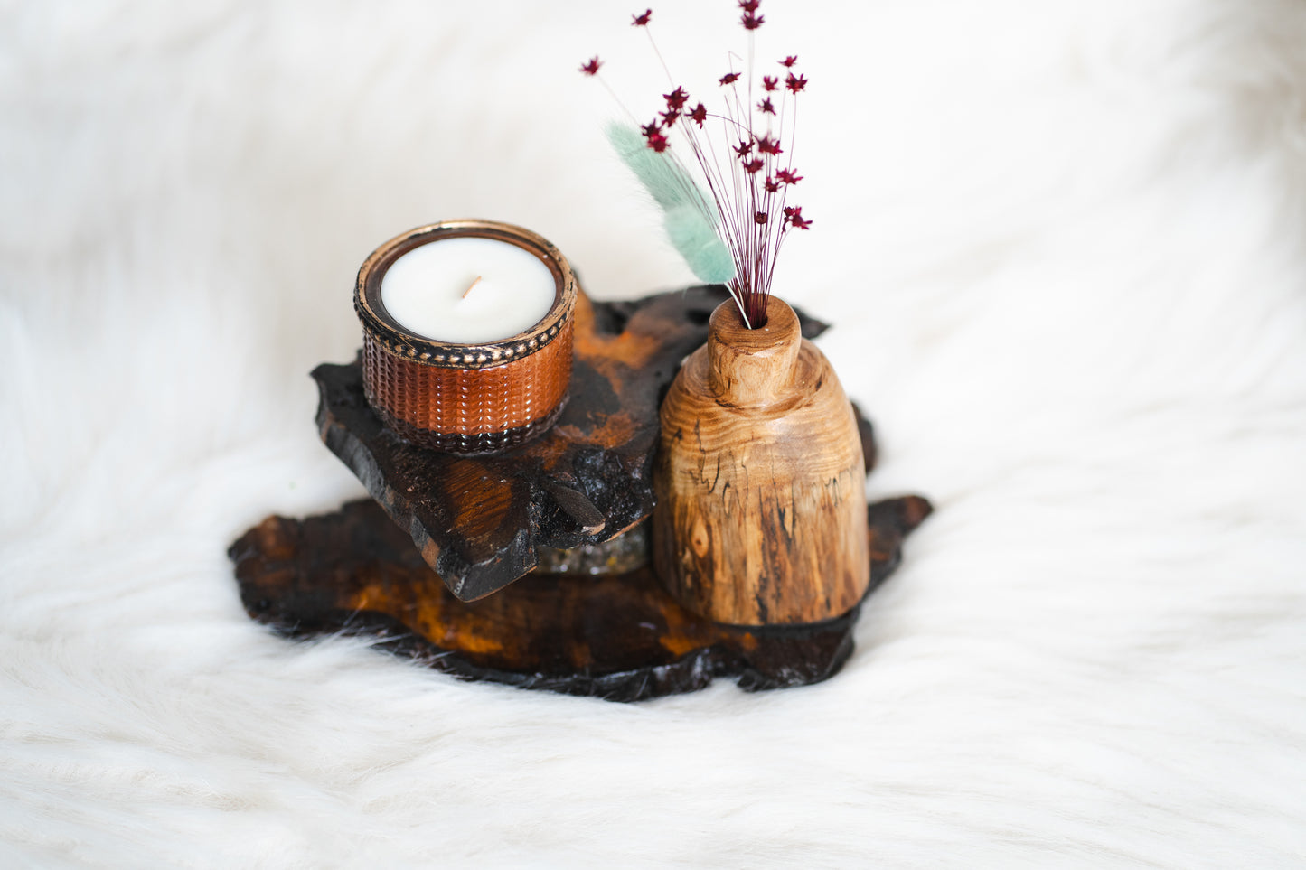 Set cadou handmade - vază din lemn, suport supraetajat și lumânare parfumată din ceară de soia